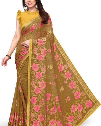 Printed, Floral Print, Woven Kalamkari Georgette, Brasso Saree (Brown)