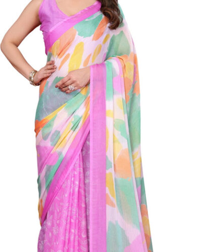 Color Block Daily Wear Chiffon, Silk Blend Saree (Purple)