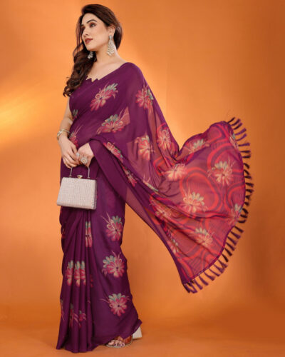 Embellished, Digital Print Daily Wear Silk Blend Saree (Purple)