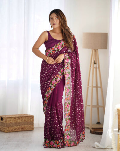 Embroidered Bollywood Georgette Saree (Multicolor)