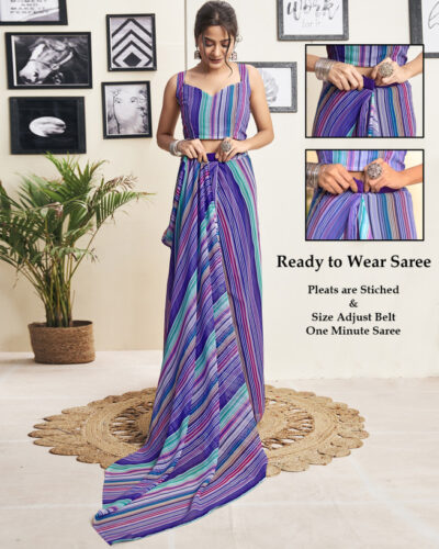 Ready to Wear Printed, Striped Bollywood Georgette Saree (Purple, Multicolor)