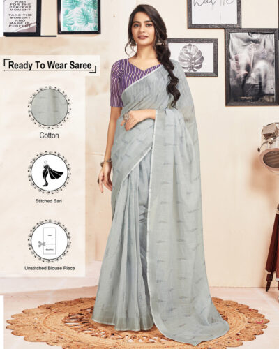 Ready to Wear Solid/Plain Jamdani Pure Cotton Saree (Grey)