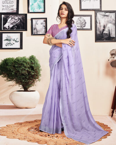 Ready to Wear Printed, Embellished, Striped Jamdani Cotton Blend Saree (Purple)