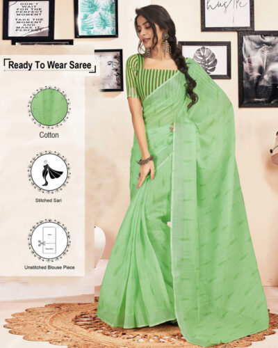 Ready to Wear Solid/Plain Jamdani Pure Cotton Saree (Light Green)