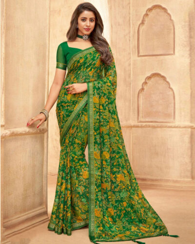 Printed Daily Wear Georgette, Chiffon Saree (Green)