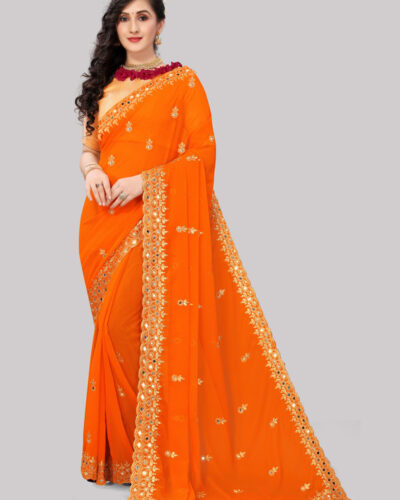 Self Design, Embroidered Bollywood Georgette, Satin Saree (Orange)