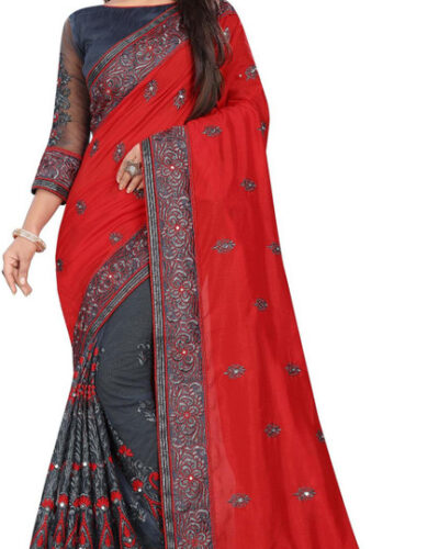 Embroidered Bollywood Silk Blend, Net Saree (Red)