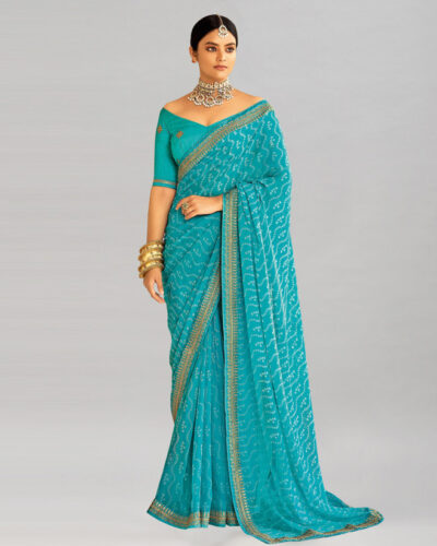 Printed, Embroidered, Embellished Bollywood Georgette, Chiffon Saree (Light Blue, White)