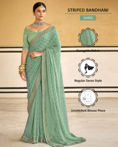 Striped, Embellished Bandhani Georgette Saree (Green, White)