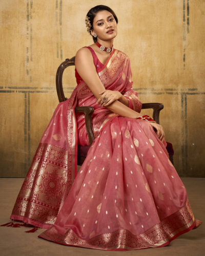 Self Design, Woven, Embellished Banarasi Cotton Silk, Silk Blend Saree (Pink, Multicolor)