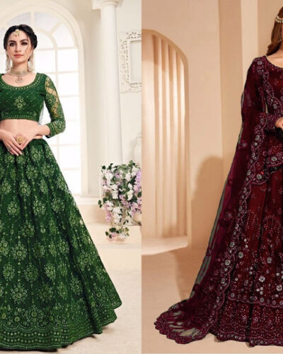 Embroidered Semi Stitched Lehenga Choli (Dark Green, Maroon)