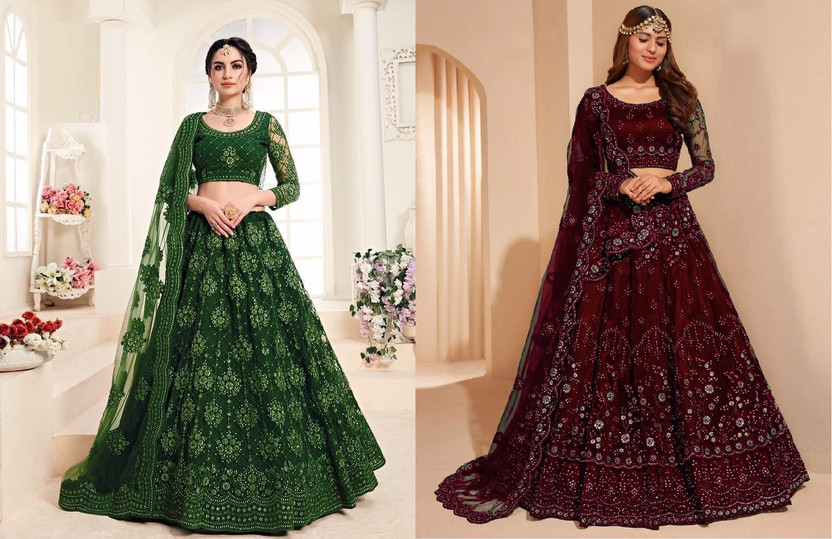 Embroidered Semi Stitched Lehenga Choli (Dark Green, Maroon)