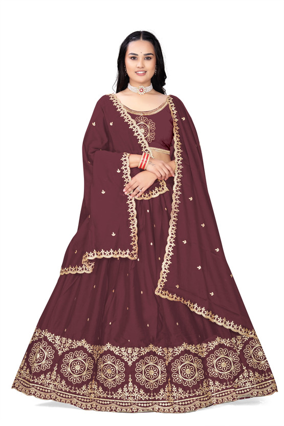 Embroidered Semi Stitched Lehenga Choli (Maroon)