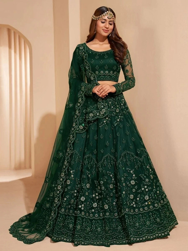 Embroidered Semi Stitched Lehenga Choli (Green)