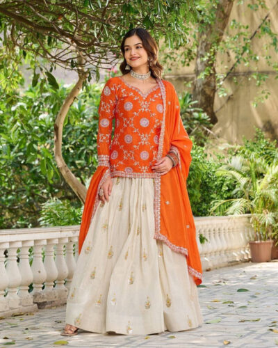 Embroidered Semi Stitched Lehenga Choli (Orange, Beige)
