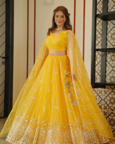 Embroidered, Embellished Semi Stitched Lehenga Choli (Yellow)