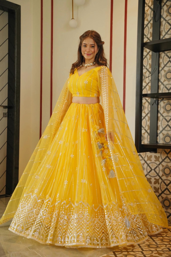 Embroidered, Embellished Semi Stitched Lehenga Choli (Yellow)