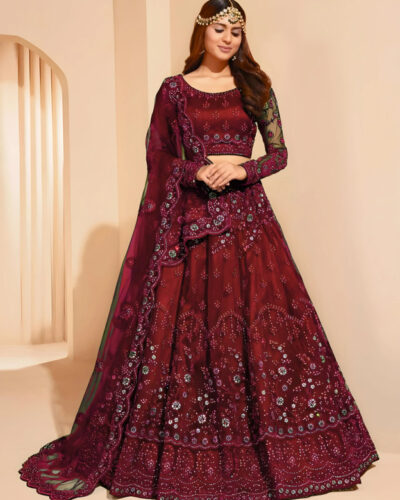 Embroidered Semi Stitched Lehenga Choli (Maroon)