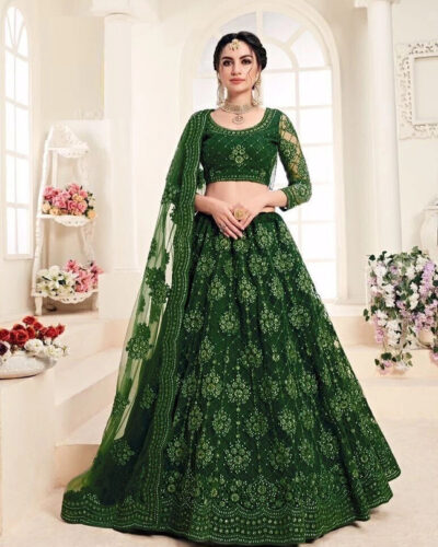 Embroidered Semi Stitched Lehenga Choli (Green)