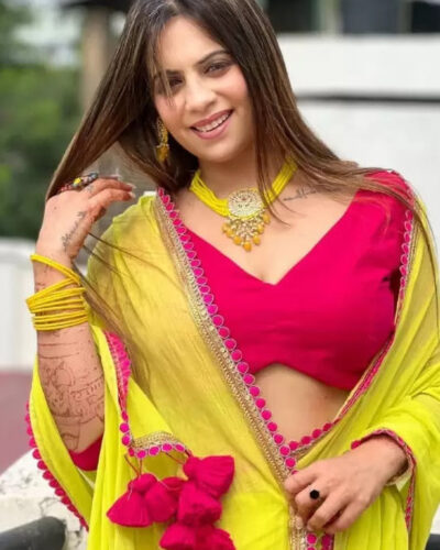 Printed Banarasi Georgette Saree (Yellow, Pink)