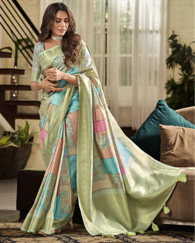 Printed, Woven, Embellished Handloom Silk Blend, Pure Silk Saree (Green, Multicolor)