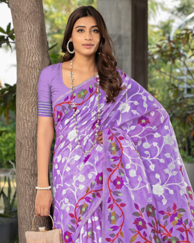 Woven, Self Design, Embellished Handloom Pure Cotton Saree (Purple, White)