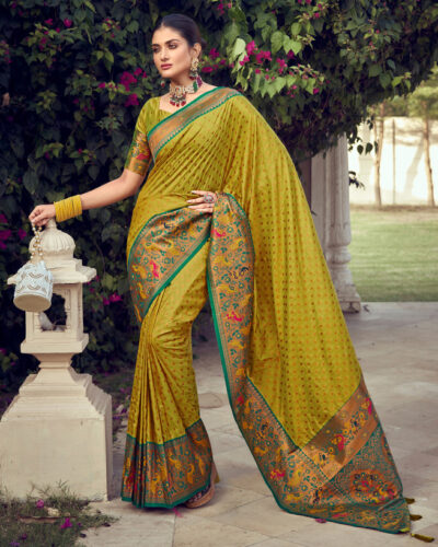 Woven, Embellished, Self Design Paithani Cotton Blend, Silk Blend Saree (Green, Multicolor)