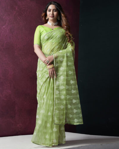 Embellished, Printed Daily Wear Net Saree (Light Green, White)