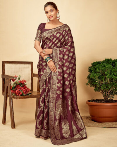 Woven, Self Design Banarasi Art Silk Saree (Maroon, Gold)