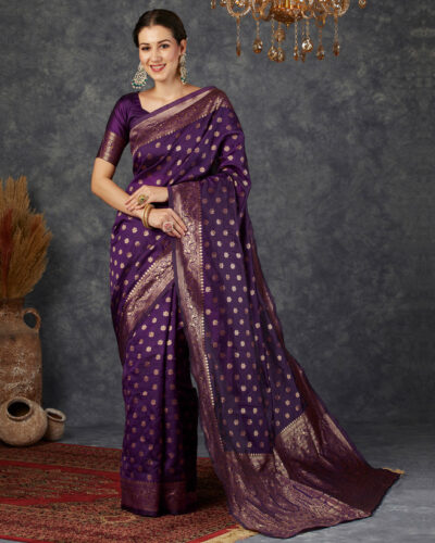 Woven, Self Design Banarasi Art Silk Saree (Purple, Gold)