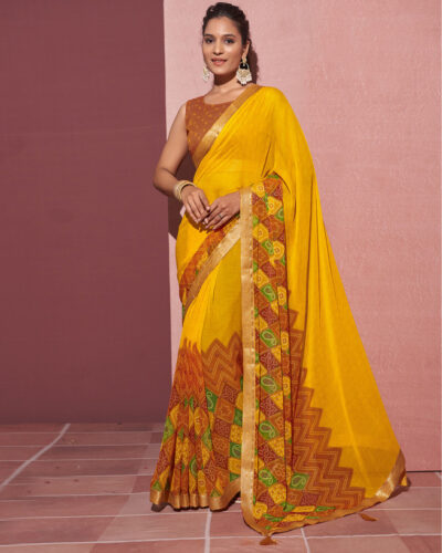 Geometric Print, Printed, Embellished Bollywood Chiffon, Lace Saree (Yellow, Multicolor)
