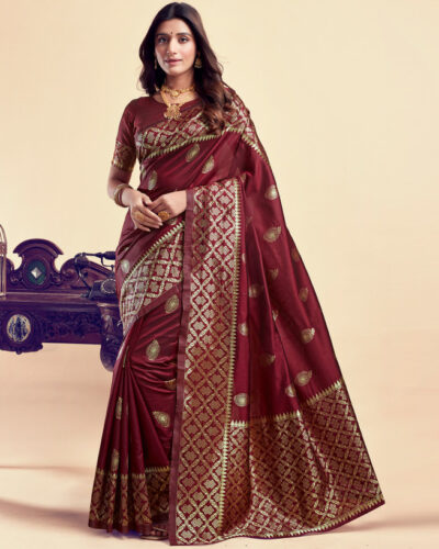 Woven, Embellished, Self Design Banarasi Silk Blend, Jacquard Saree (Maroon, Gold)
