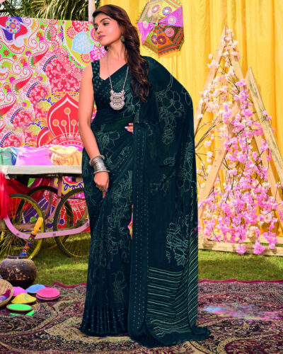 Floral Print, Embellished, Striped Bollywood Chiffon, Georgette Saree (Blue, Multicolor)