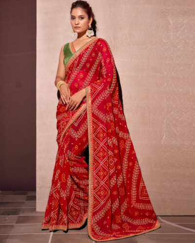 Printed, Embroidered, Embellished Bandhani Chiffon, Georgette Saree (Red, Cream, Orange)