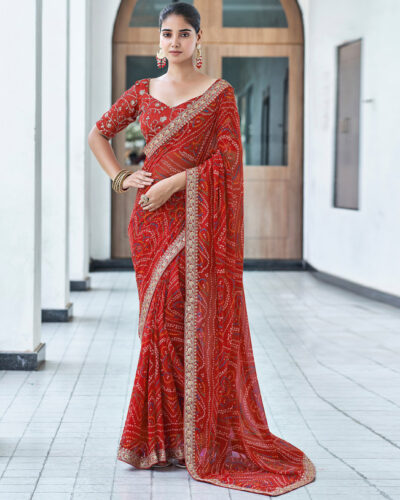 Printed Bandhani Georgette Saree (Red)