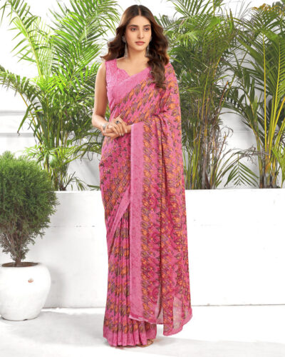 Floral Print, Printed Daily Wear Chiffon, Georgette Saree (Pink, Multicolor)