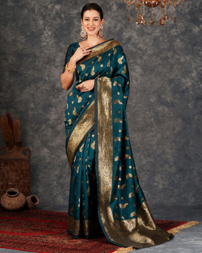 Embellished, Self Design, Woven Banarasi Silk Blend, Jacquard Saree (Blue, Gold)