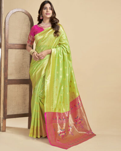 Dyed, Woven, Self Design Banarasi Silk Blend Saree (Light Green, Gold)