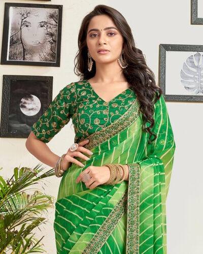 Embroidered, Embellished, Printed Leheria Georgette Saree (Green, Light Green)