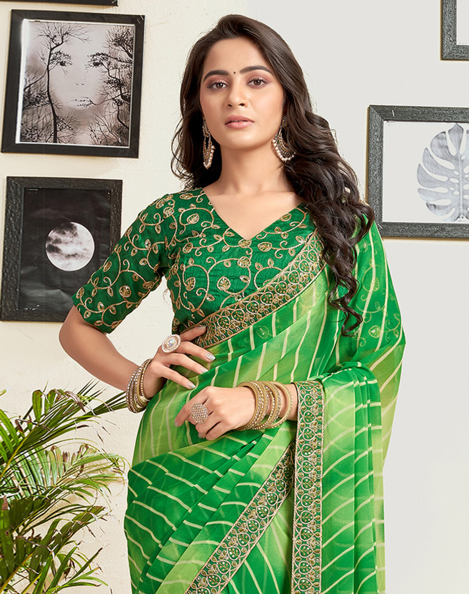 Embroidered, Embellished, Printed Leheria Georgette Saree (Green, Light Green)