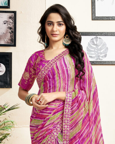 Embroidered, Embellished, Printed Leheria Georgette Saree (Magenta, Multicolor)