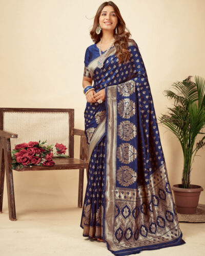 Dyed, Woven, Embellished Banarasi Silk Blend Saree (Dark Blue, Gold)