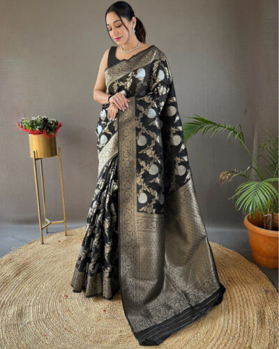 Dyed, Woven, Embellished Banarasi Silk Blend Saree (Black, Gold, Silver)