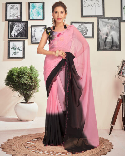 Dyed, Embroidered, Embellished Bollywood Chiffon, Georgette Saree (Pink, Black)