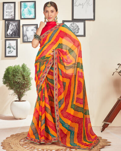 Printed, Embellished, Embroidered Bandhani Georgette Saree (Yellow, Multicolor)