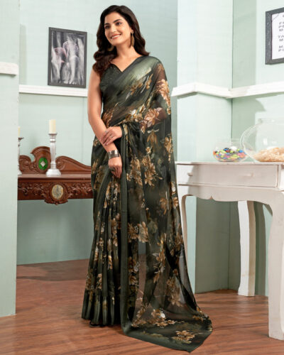 Floral Print, Printed, Striped Bollywood Georgette Saree (Dark Green, Multicolor)