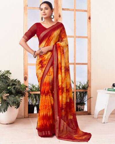 Floral Print, Embellished, Striped, Woven Daily Wear Georgette Saree (Red, Yellow)
