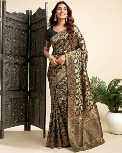 Woven, Self Design Kanjivaram Silk Blend Saree (Black, Gold)