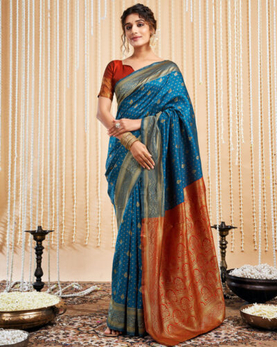 Woven, Self Design Kanjivaram Silk Blend Saree (Blue, Red)