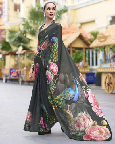 Floral Print Bollywood Georgette Saree (Black)